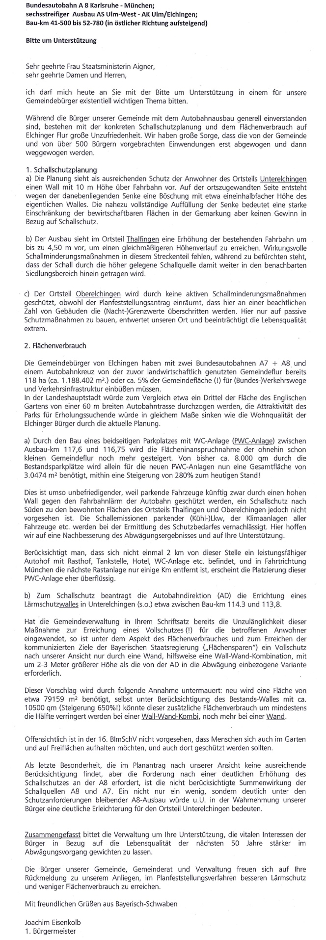Brief an die bayerische Verkehrsministerin